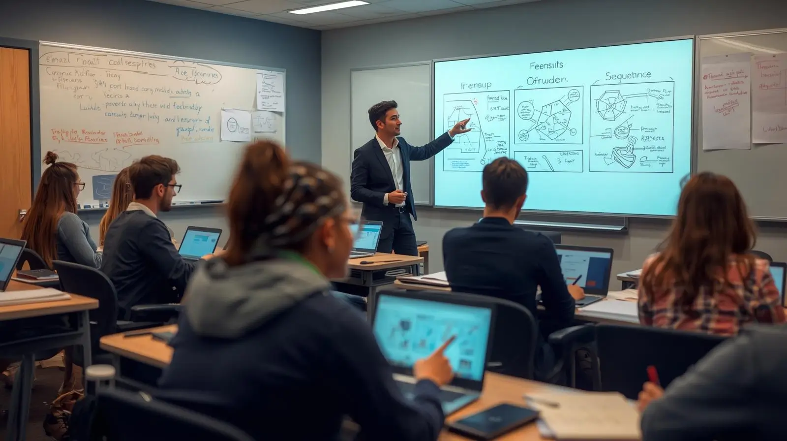 تصویر کلاس آموزشی مدرن در طراحی سایت آموزشی با حضور استاد و دانشجویان در حال یادگیری