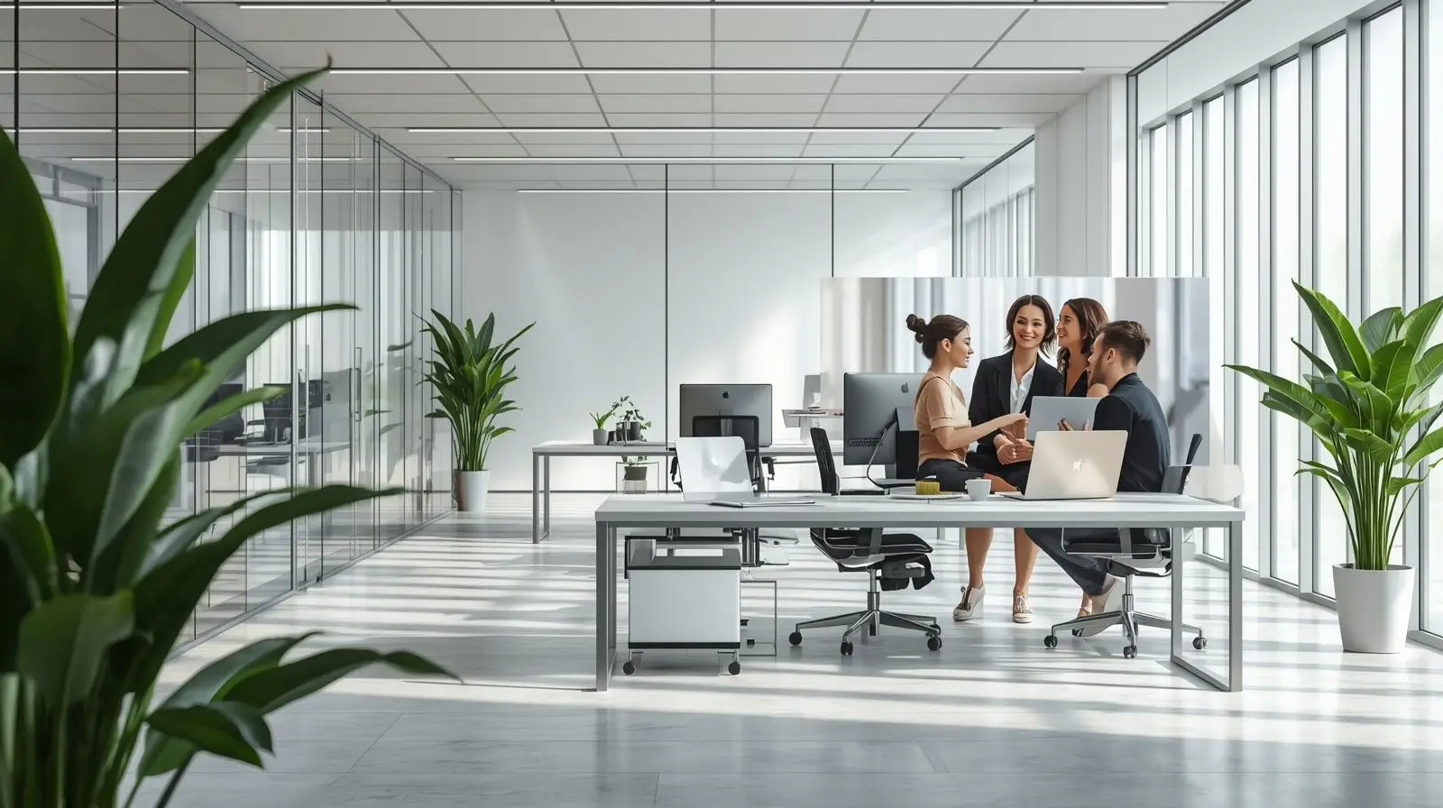 Modern corporate office with employees collaborating