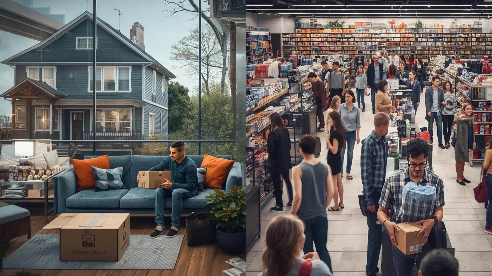 نمای فروشگاه شلوغ و خرید آنلاین در یک تصویر؛ مرتبط با طراحی سایت فروشگاهی